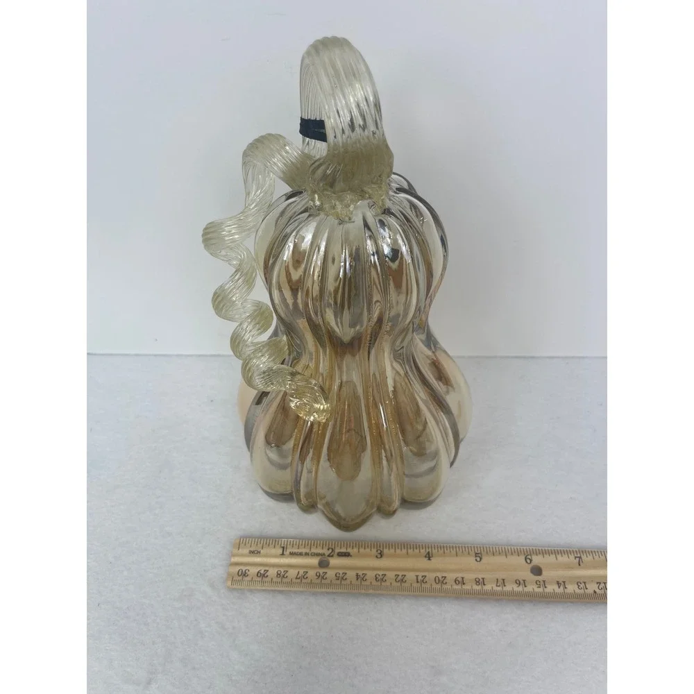 Tahari Home Glass Pumpkin Gourd Champagne Amber Ribbed Luster Fall Decor NEW